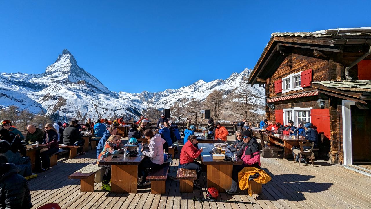 Terrace dining and mountain landscape above Zermatt